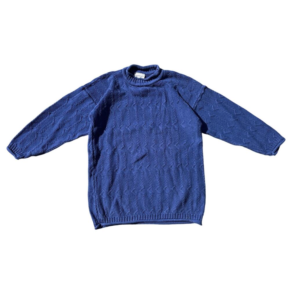 Knitmania LTD blue Cable Knit Sweater roll neck sleeve made in USA 100% cotton